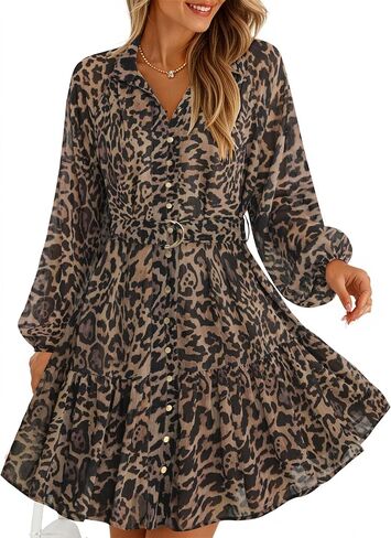 ZESICA Womens Fall Floral Mini Dress 2025 Long Sleeve Button Down Chiffon A Line Flowy Short Shirt Dresses with Belt in Saudi Arabia
