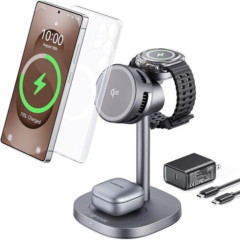 شاحن لاسلكي مغناطيسي لهاتف Samsung، Qi2 معتمد سريع 15 وات 3 في 1 محطة شحن TEC تبريد متوافقة مع شاحن Magsafe لهاتف Galaxy S25 Ultra/S24/Z Fold 7/Flip7/Samsung Watch Ultra 8/Buds in Kuwait