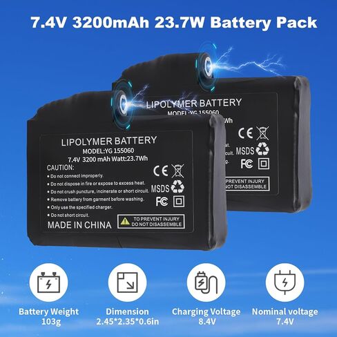 Rechargeable Li-Polymer Battery Pack 7.4V 2200mAh/3200mAh for Battery Heated Gloves Mittens Liners, Heated Socks Heated Back Brace in Kuwait
