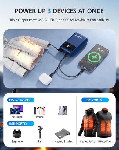 حزمة بطارية ColdBye PD 30 وات 20000 مللي أمبير في الساعة للسترة الساخنة، محول مدمج بحجم 3 تيار مستمر، بنك الطاقة DC 7.4V/5A للسترات والسترات الساخنة مع شاشة LED in Saudi Arabia