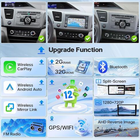 Leadfan ترقية راديو تشغيل السيارة لهوندا سيفيك 2012، 9 بوصة IPS شاشة تعمل باللمس سيارة ستيريو مع Carplay اللاسلكي Android Auto Bluetooth GPS Radio مع كاميرا احتياطية FM Mirror Link SWC، 2 + 32 جيجابايت in Kuwait
