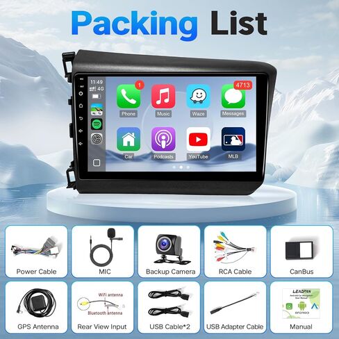 Leadfan ترقية راديو تشغيل السيارة لهوندا سيفيك 2012، 9 بوصة IPS شاشة تعمل باللمس سيارة ستيريو مع Carplay اللاسلكي Android Auto Bluetooth GPS Radio مع كاميرا احتياطية FM Mirror Link SWC، 2 + 32 جيجابايت in Kuwait