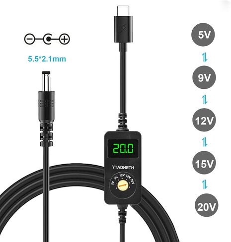 محول USB C إلى DC عالمي، كابل تشغيل PD برميلي، كابل محول USB-C إلى DC 5V 9V 12V 15V 20V مع شاشة LED، لأجهزة النت بوك، والأجهزة اللوحية، وإضاءة LED، والمصابيح، وأجهزة التوجيه in Kuwait