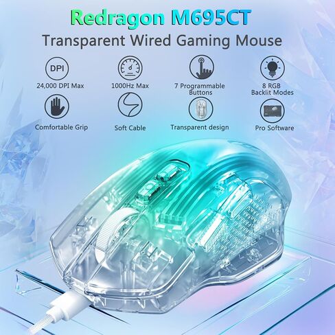 Redragon Wired Gaming Mouse, 24,000 DPI, 7 Programmable Button, 2 Side Buttons, 8 RGB LED Backlit Mode, Clear Transparent Shell, Light up Gamer Mice, Soft Cable for PC/Mac/Xbox, White in Saudi Arabia