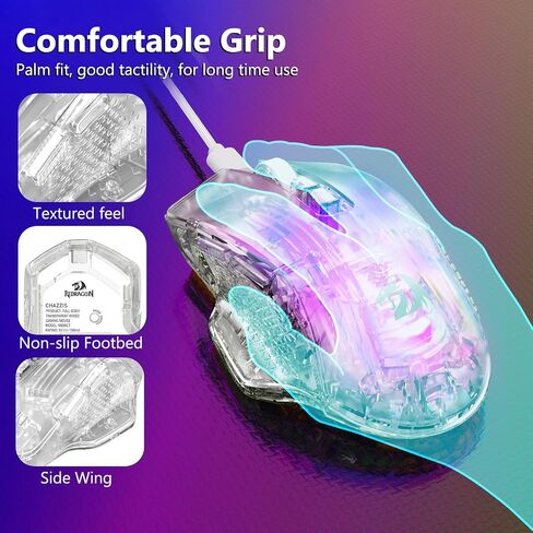 Redragon Wired Gaming Mouse, 24,000 DPI, 7 Programmable Button, 2 Side Buttons, 8 RGB LED Backlit Mode, Clear Transparent Shell, Light up Gamer Mice, Soft Cable for PC/Mac/Xbox, White in Saudi Arabia