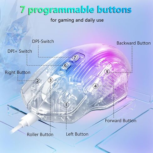 Redragon Wired Gaming Mouse, 24,000 DPI, 7 Programmable Button, 2 Side Buttons, 8 RGB LED Backlit Mode, Clear Transparent Shell, Light up Gamer Mice, Soft Cable for PC/Mac/Xbox, White in Saudi Arabia