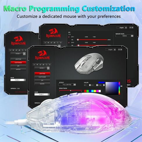 Redragon Wired Gaming Mouse, 24,000 DPI, 7 Programmable Button, 2 Side Buttons, 8 RGB LED Backlit Mode, Clear Transparent Shell, Light up Gamer Mice, Soft Cable for PC/Mac/Xbox, White in Saudi Arabia