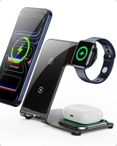 شاحن لاسلكي 3 في 1 من Intoval لهاتف iPhone 17/16/15/14/13/12، محطة شحن لاسلكية لأجهزة Apple، حامل شحن من الألومنيوم لـ iWatch 11 10 9 Ultra 3/2 SE 3/2، لـ AirPods 4 3 2 Pro 3/2 in Kuwait
