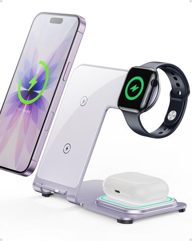 شاحن لاسلكي 3 في 1 من Intoval لهاتف iPhone 17/16/15/14/13/12، محطة شحن لاسلكية لأجهزة Apple، حامل شحن من الألومنيوم لـ iWatch 11 10 9 Ultra 3/2 SE 3/2، لـ AirPods 4 3 2 Pro 3/2 in Kuwait