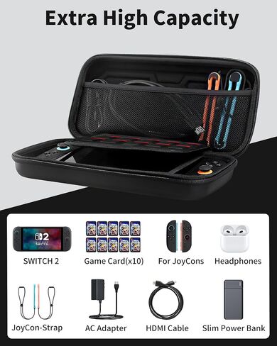 URMLCUS Carrying Case for Nintendo Switch 2 (2025), Hard Shell Travel Case with 10 Game Card Slots, Water Resistant & Shock Resistant Protection for Console & Accessories +4 Thumb Grip Caps (Black) in Saudi Arabia