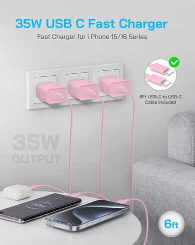 شاحن 35 وات iPhone 17 16 15 شحن سريع، 3 عبوات USB C شاحن من النوع C شواحن 6 أقدام من النوع C إلى C كابل لـ IP 17/17 Air/17 Plus/17 Pro Max/16/16 Pro/16 Plus/16 Pro Max/15 Series- أبيض in Kuwait