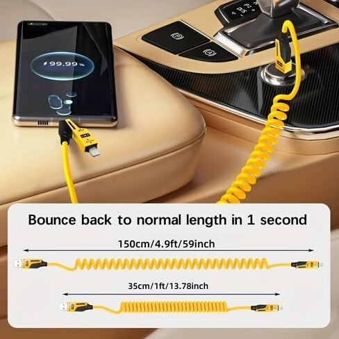 1 Pack Spring Retractable Charging Cable for iPhone and Type-C Mobile Phone Accessory, 1 Mobile Phone Charger Wireless Accessory, Yellow in Saudi Arabia