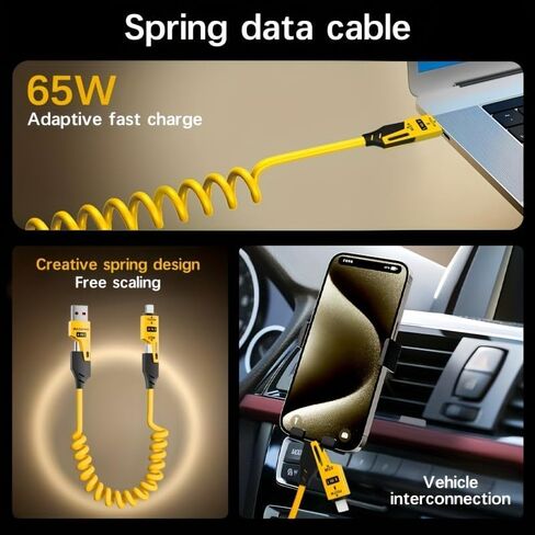 1 Pack Spring Retractable Charging Cable for iPhone and Type-C Mobile Phone Accessory, 1 Mobile Phone Charger Wireless Accessory, Yellow in Saudi Arabia