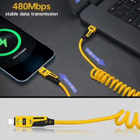 1 Pack Spring Retractable Charging Cable for iPhone and Type-C Mobile Phone Accessory, 1 Mobile Phone Charger Wireless Accessory, Yellow in Saudi Arabia