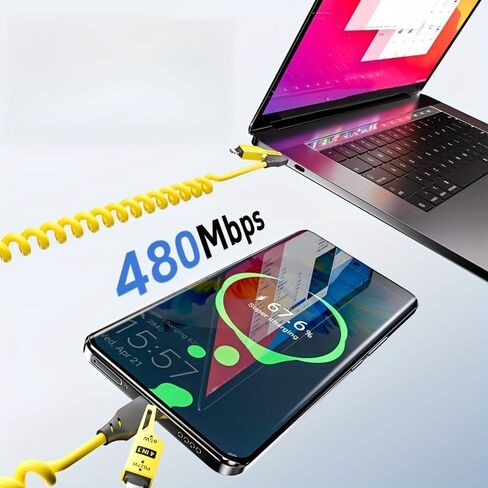 1 Pack Spring Retractable Charging Cable for iPhone and Type-C Mobile Phone Accessory, 1 Mobile Phone Charger Wireless Accessory, Yellow in Saudi Arabia