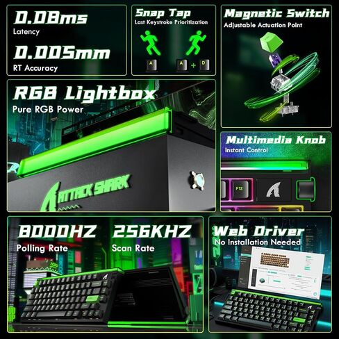ATTACK SHARK R85 HE سلكي 75% لوحة مفاتيح ميكانيكية RGB للألعاب ذات تأثير القاعة السريعة مع استقصاء 8K، دقة RT 0.05 مم، زمن استجابة 0.08 مللي ثانية، مفتاح مغناطيسي، 5 طبقات صوت مخمد، برنامج تشغيل للكمبيوتر الشخصي Mac (أخضر) in Saudi Arabia