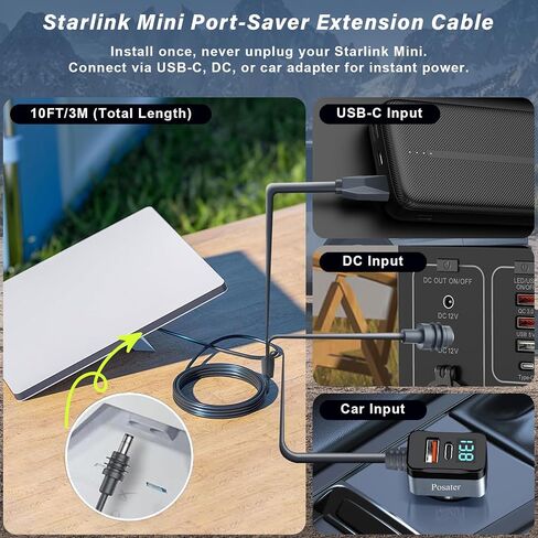 طقم كابل طاقة صغير Starlink مع سلك تمديد 9 بوصات، Posater 10ft 3 في 1 (USB-C PD 100W، DC، شاحن سيارة) سلك بديل، IP65 مقاوم للماء، عرض الجهد للتخييم RV، القوارب، الإمداد الخارجي in Saudi Arabia