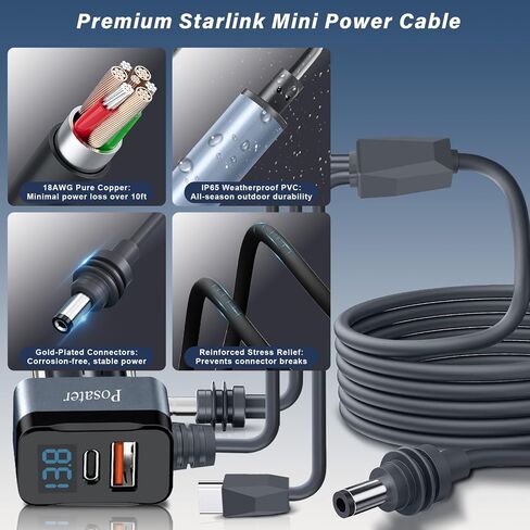طقم كابل طاقة صغير Starlink مع سلك تمديد 9 بوصات، Posater 10ft 3 في 1 (USB-C PD 100W، DC، شاحن سيارة) سلك بديل، IP65 مقاوم للماء، عرض الجهد للتخييم RV، القوارب، الإمداد الخارجي in Saudi Arabia