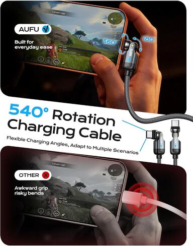 كابل AUFU PD 60 وات USB C إلى USB C بطول 10 أقدام (عبوة واحدة)، دوران مزدوج 180 درجة + 360 درجة/شحن سريع من C إلى C/كابل USB C بطول 10 أقدام لهاتف واحد 17/16/15/سلسلة Ma-Book/Pad، سلسلة Samsung Galaxy in Kuwait