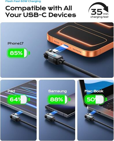 كابل AUFU PD 60 وات USB C إلى USB C بطول 10 أقدام (عبوة واحدة)، دوران مزدوج 180 درجة + 360 درجة/شحن سريع من C إلى C/كابل USB C بطول 10 أقدام لهاتف واحد 17/16/15/سلسلة Ma-Book/Pad، سلسلة Samsung Galaxy in Kuwait
