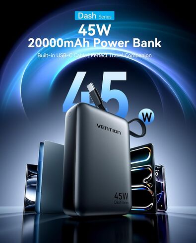 بنك طاقة VENTION بقدرة 45 وات، معتمد من CCC بقوة 20000 مللي أمبير في الساعة مع كابل USB-C مدمج، شاحن محمول سريع الشحن للسفر مع شاشة رقمية LED لأجهزة iPhone 17/16/15 Xiaomi Galaxy S25/S24 iPad المحمول (رمادي) in Saudi Arabia