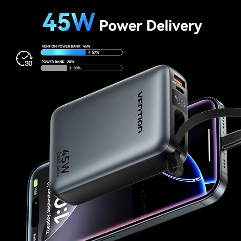 بنك طاقة VENTION بقدرة 45 وات، معتمد من CCC بقوة 20000 مللي أمبير في الساعة مع كابل USB-C مدمج، شاحن محمول سريع الشحن للسفر مع شاشة رقمية LED لأجهزة iPhone 17/16/15 Xiaomi Galaxy S25/S24 iPad المحمول (رمادي) in Saudi Arabia