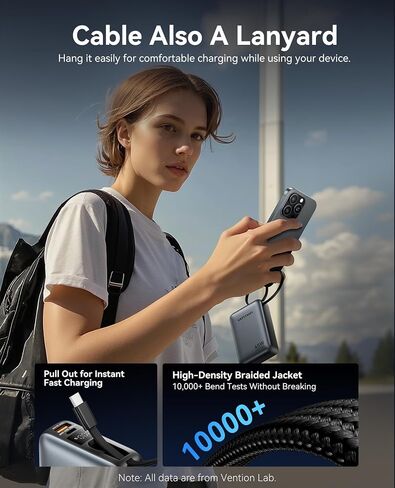 بنك طاقة VENTION بقدرة 45 وات، معتمد من CCC بقوة 20000 مللي أمبير في الساعة مع كابل USB-C مدمج، شاحن محمول سريع الشحن للسفر مع شاشة رقمية LED لأجهزة iPhone 17/16/15 Xiaomi Galaxy S25/S24 iPad المحمول (رمادي) in Saudi Arabia