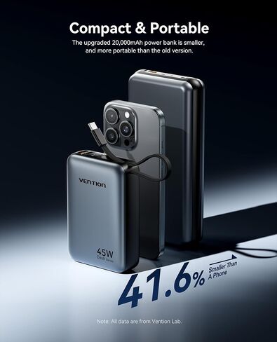 بنك طاقة VENTION بقدرة 45 وات، معتمد من CCC بقوة 20000 مللي أمبير في الساعة مع كابل USB-C مدمج، شاحن محمول سريع الشحن للسفر مع شاشة رقمية LED لأجهزة iPhone 17/16/15 Xiaomi Galaxy S25/S24 iPad المحمول (رمادي) in Saudi Arabia
