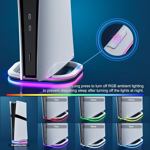 حامل عمودي لوحدات تحكم PlayStation Pro/PS5/PS5 قرص وحدة تحكم رفيع ورقمي، ملحقات PlayStation 5 حامل ثابت مع 7 مصابيح RGB، قاعدة غير قابلة للانزلاق سهلة التركيب in Kuwait