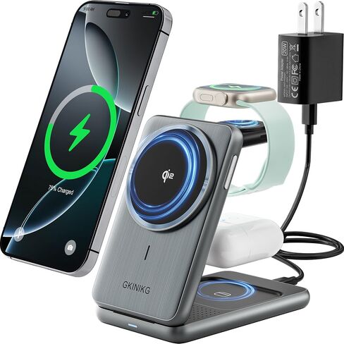 محطة شحن 3 في 1، متوافقة مع شاحن MagSafe، شاحن لاسلكي مغناطيسي معتمد من Qi2 بقدرة 15 وات قابل للطي والسفر لهواتف iPhone 17/16/15/14/13/12، وساعة Apple، وAirPods (محول 20 وات) in Kuwait