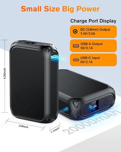 حزمة بطارية سترة ساخنة 7.4 فولت تيار مستمر/5 فولت USB متوافقة مع ORORO وVenustas، شاشة LED بنك طاقة قابل لإعادة الشحن بقدرة 20000 مللي أمبير في الساعة للسترات الساخنة وغطاء للرأس ووسادة ساخنة وما إلى ذلك in Saudi Arabia