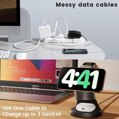 3 in 1 Wireless Charging Station for Apple Devices,Magsafe Charger for IPhone17 16 15 14 13 12 Pro/Max/Plus/Mini Wireless Charger Station for AirPods 2/3/4/Pro iWatch Ultra11/10/9//8/7/SE/6/5/4/3/2 in Saudi Arabia