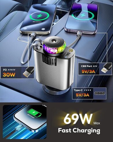 شاحن سيارة قابل للسحب مع موزع معطر الهواء وأضواء النجوم، محول ولاعة سجائر متعدد المنافذ لشاحن هاتف iPhone للسيارة USB-C/Type-C شحن سريع مع كابلين قابلين للسحب، علاج عطري للسيارة in Kuwait