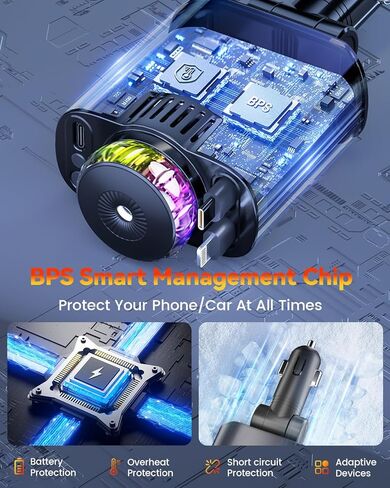 شاحن سيارة قابل للسحب مع موزع معطر الهواء وأضواء النجوم، محول ولاعة سجائر متعدد المنافذ لشاحن هاتف iPhone للسيارة USB-C/Type-C شحن سريع مع كابلين قابلين للسحب، علاج عطري للسيارة in Kuwait