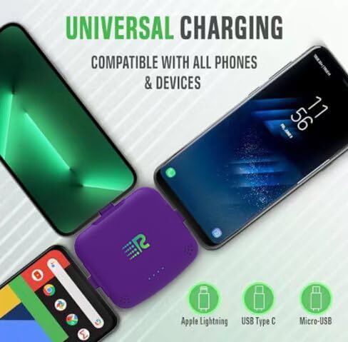 Rush Charge Universe 4 Pack 3 in 1 Portable Charger – 3300 Mah 2.4A High-Speed Fast Charging Compatible with iPhone and Android Lightning, Type C, Micro-USB (Black/White/Purple/Blue) in Kuwait