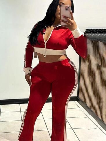 KANSOON Track Suits for Women Set 2 Piece Colorblock Zip Up Crop Jacket and High Waist Side Stripe Pants Outfit in Saudi Arabia