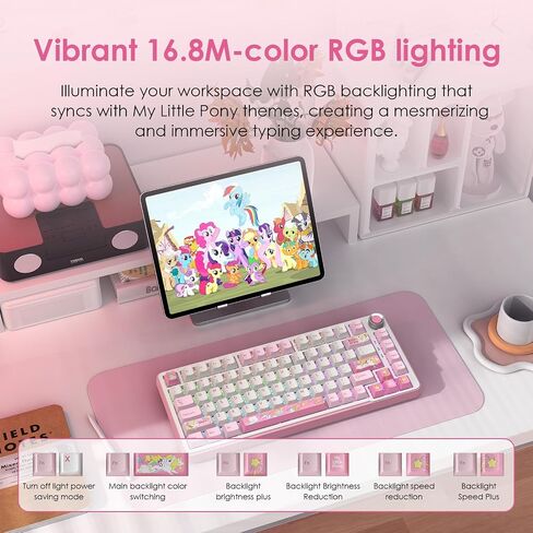 لوحة المفاتيح الميكانيكية اللاسلكية My Little Pony - لوحة مفاتيح للألعاب ذات 101 مفتاح RGB مع مفاتيح خطية مخصصة، تحكم في التبديل السريع والمقبض، اتصال ثلاثي (BT5.0/USB-C/2.4 جيجا هرتز)، مريحة للعمل والألعاب in Saudi Arabia
