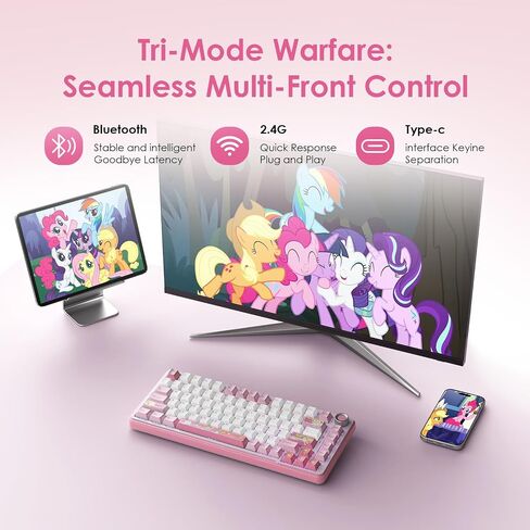 لوحة المفاتيح الميكانيكية اللاسلكية My Little Pony - لوحة مفاتيح للألعاب ذات 101 مفتاح RGB مع مفاتيح خطية مخصصة، تحكم في التبديل السريع والمقبض، اتصال ثلاثي (BT5.0/USB-C/2.4 جيجا هرتز)، مريحة للعمل والألعاب in Saudi Arabia