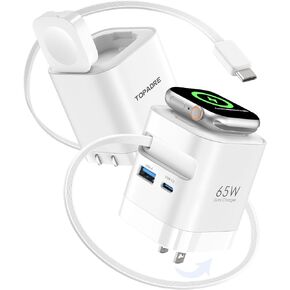 65W Retractable Charger for Apple Watch, 4-in-1 PD USB C Charger Block GaN Foldable Plug Fast Charging for Apple Watch Series 11/10/9/8/Ultra/SE, for MacBook Pro/Air, iPhone 17/16 Pro, iPad, Galaxy in Kuwait