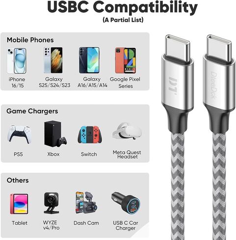 كابل USB C بطول 25 قدمًا بطول إضافي 40 وات للشحن السريع من النوع C، USBC 2.0 إلى USB-C شحن سريع لهاتف iPhone 17/16/15 Android والكمبيوتر اللوحي وكاميرا Dash Cam وكاميرا ويب وجهاز التحكم في الألعاب in Kuwait
