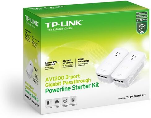 TP-LINK TL-PA8030P KIT AV1200 3-Port Gigabit Passthrough Powerline Starter Kit، مع محول Power Outlet Pass-Through، حتى 1200 ميجابت في الثانية in Kuwait