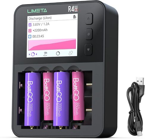 شاحن بطاريات Limeta R4 EVO AA QC/PD 1.5A شحن سريع لبطاريات الليثيوم/NiMH/NiZn/Life القابلة لإعادة الشحن 1.5 فولت 3.7 فولت 1.2 فولت شاحن بطارية ثلاثي A مع تحديث تحليل شاشة LCD in Saudi Arabia