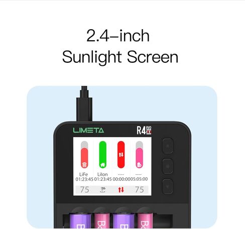 شاحن بطاريات Limeta R4 EVO AA QC/PD 1.5A شحن سريع لبطاريات الليثيوم/NiMH/NiZn/Life القابلة لإعادة الشحن 1.5 فولت 3.7 فولت 1.2 فولت شاحن بطارية ثلاثي A مع تحديث تحليل شاشة LCD in Saudi Arabia