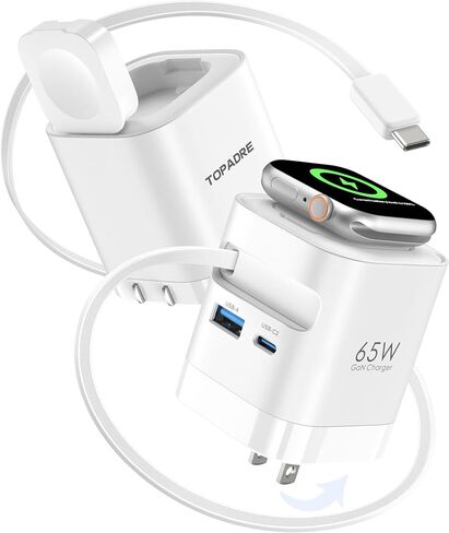 65W Retractable Charger for Apple Watch, 4-in-1 PD USB C Charger Block GaN Foldable Plug Fast Charging for Apple Watch Series 11/10/9/8/Ultra/SE, for MacBook Pro/Air, iPhone 17/16 Pro, iPad, Galaxy in Kuwait