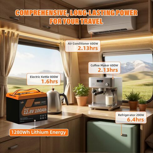 12.8V 100Ah LiFePO4 Lithium Battery, Group 24 Lithium Battery Built-in 100A BMS and Grade A Cells, 15000 Cycles, Max.1280Wh Energy, Perfect for Trolling Motor, RV, Camping, Solar System in Kuwait