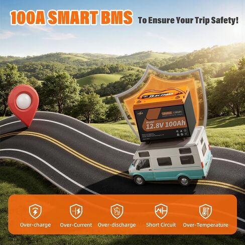 12.8V 100Ah LiFePO4 Lithium Battery, Group 24 Lithium Battery Built-in 100A BMS and Grade A Cells, 15000 Cycles, Max.1280Wh Energy, Perfect for Trolling Motor, RV, Camping, Solar System in Kuwait
