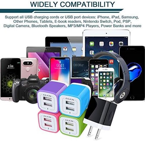شاحن حائط، 5 عبوات 5 فولت/2.1 أمبير AILKIN شاحن حائط USB ثنائي المنفذ محول طاقة للسفر المنزلي لهاتف iPhone 17/Air/16e/16/15/4/13 Pro Max/12/SE/11Pro Max/XS/XR، Samsung Galaxy، HTC Tablet Moto Box in Kuwait