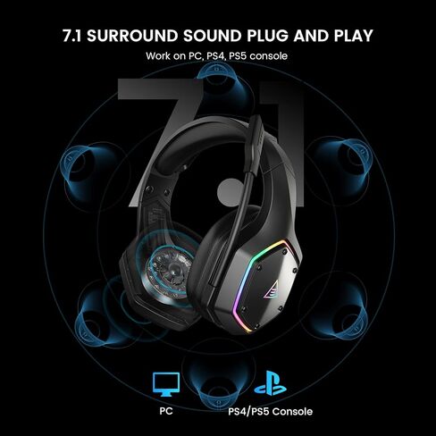 EKSA Wireless Gaming Headset for PS4 PS5 PC, 7.1 Surround Sound Headset with Mic ENC & RGB Light, 36 Hour Battery, 2.4G USB Gaming Headphones for Computer, Laptop, 3.5mm Jack in Saudi Arabia
