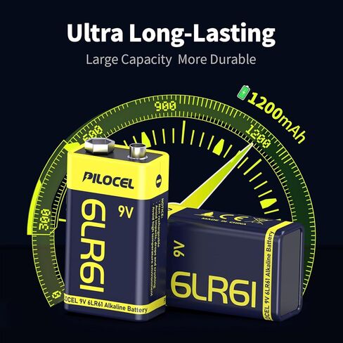 PILOCEL 9V Batteries 8 Pack, Alkaline 9 Volt Battery, Long-Lasting Square 9V Batteries, 10-Year Shelf Life 6LR61 for Smoke Detector, Electric Guitar, Monitor, Radio in Kuwait