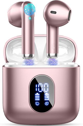سماعات أذن لاسلكية، سماعات رأس بلوتوث 5.4 مع ميكروفونات إلغاء الضوضاء ENC، سماعات أذن بلوتوث 30 ساعة باس ثلاثي الأبعاد مع حافظة شحن شاشة LED، سماعات أذن لاسلكية مقاومة للماء IP7 لأجهزة Android وiOS وRosegold in Kuwait